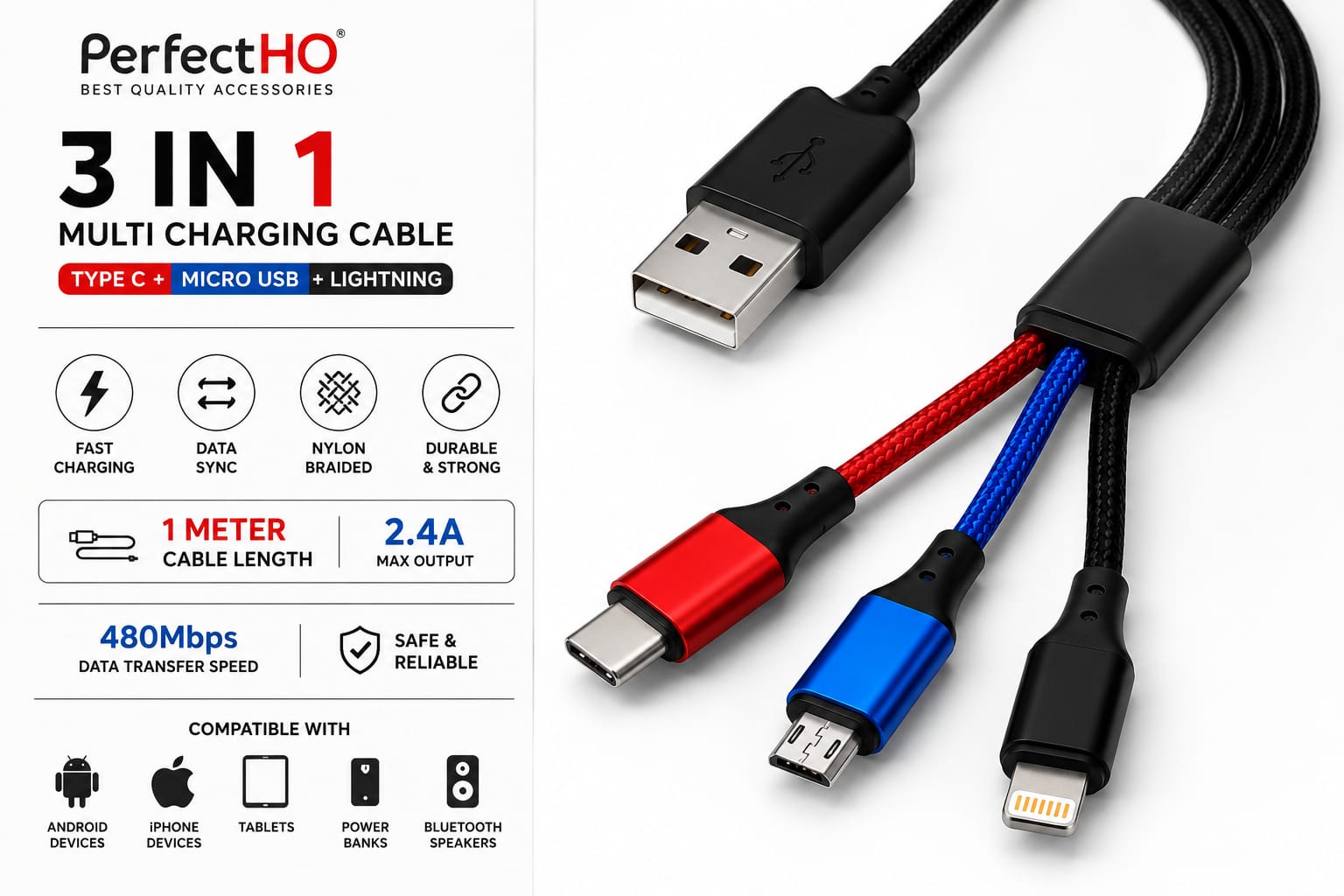 PerfectHO 3 in 1 Braided Fast Charging Cable
